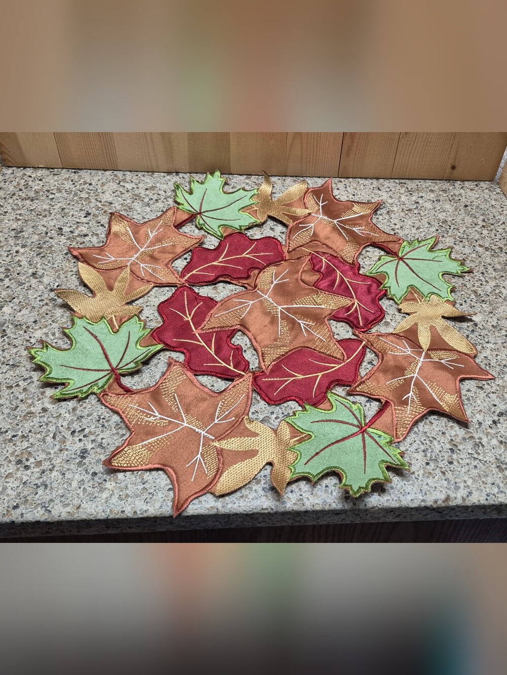 ​Fall Leaves Round Table Doily Placemat Embroidered Autumn Leaf Centerpiece 15"